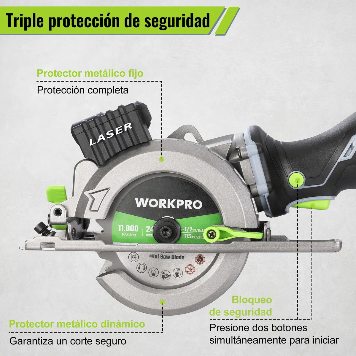 WORKPRO Mini Sierra Circular 20V 4.0Ah, 3500RPM Ø115mm | Incluye Cargador y Bolsa con 3 Discos para Cortar Madera, Metal, PVC, Plástico y Azulejos