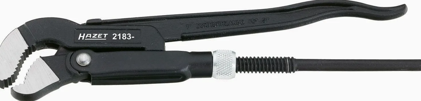 Llave angular para tubos HAZET 2183-2 I con sujeción en 3 puntos I diseño forjado I mordaza en forma de S, acodada 45grados I llave para tubos con un rango de sujeción de 65 mm | Cromo vanadio, recubrimiento en polvo, DIN 5234, longitud 535 mm, rango de s