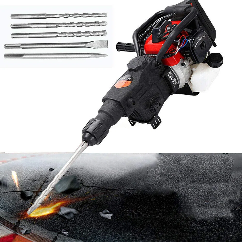 Martillo de demolición de gasolina de 1800 W, 32.7 CC, multifunción 3 en 1, 3 taladros, 1 cincel de punta, 1 cincel plano