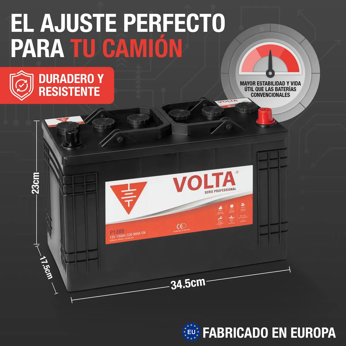 Bateria de Camión Professional 130Ah 900A Volta P1300D - Borne +Dcha - Medidas Largo 345 x Ancho 175 x Alto 238 mm con 2 años de Garantía - Fabricación Europea.