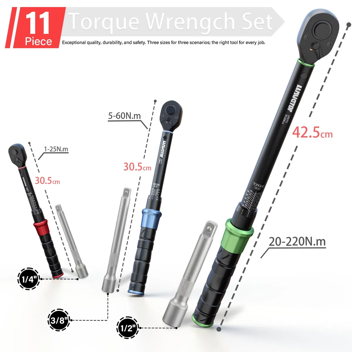 Juego de Llaves Dinamométricas 11 Piezas, Precisión ±3%, 1/2" 3/8" 1/4", Carraca Reversible 72 Dientes, Certificado de Calibración y Estuche Rígido para Auto, Moto, Bicicleta