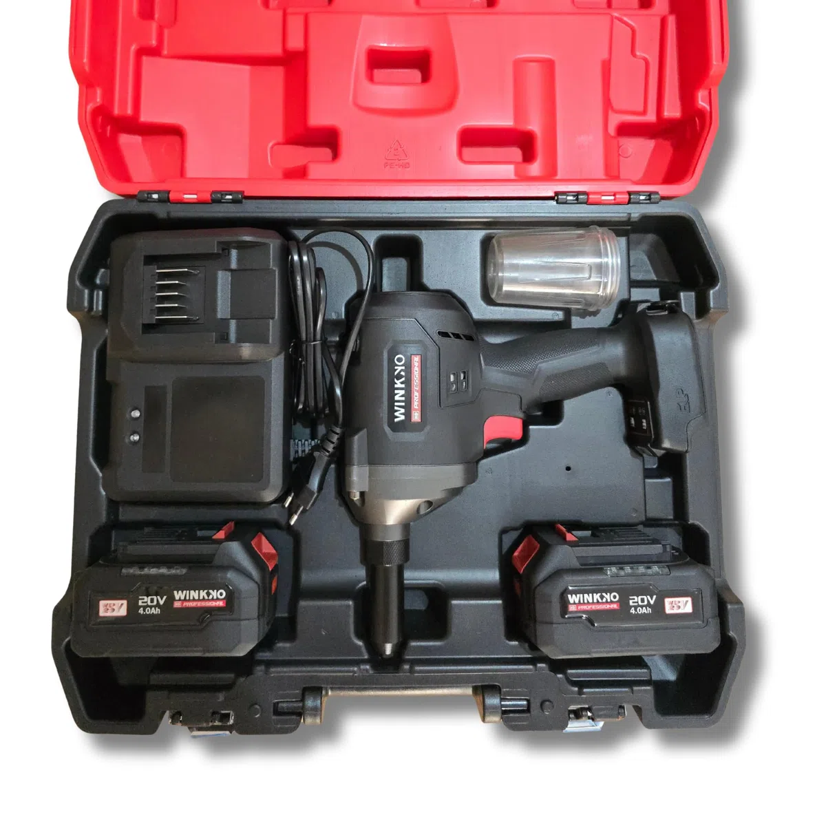 Remachadora Eléctrica Industrial Brushless 20V 4.0Ah, 2.4 a 6.4 mm, 16000N de Fuerza, 2 Baterías, Cargador y Maletín Resistente.
