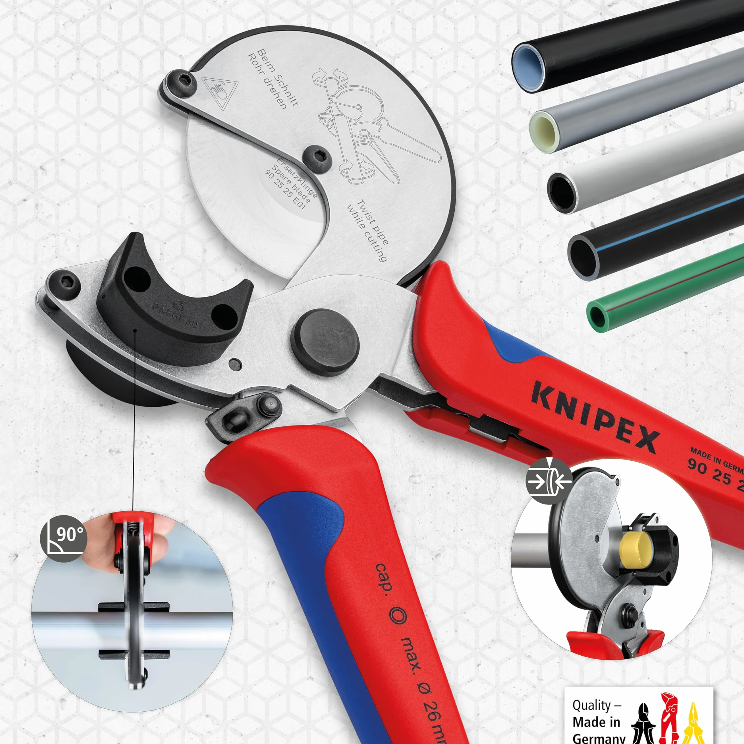 KNIPEX Cortatubos para tubos multicapa y de plástico cromado con mangos multicomponente 210 mm, 90 25 25