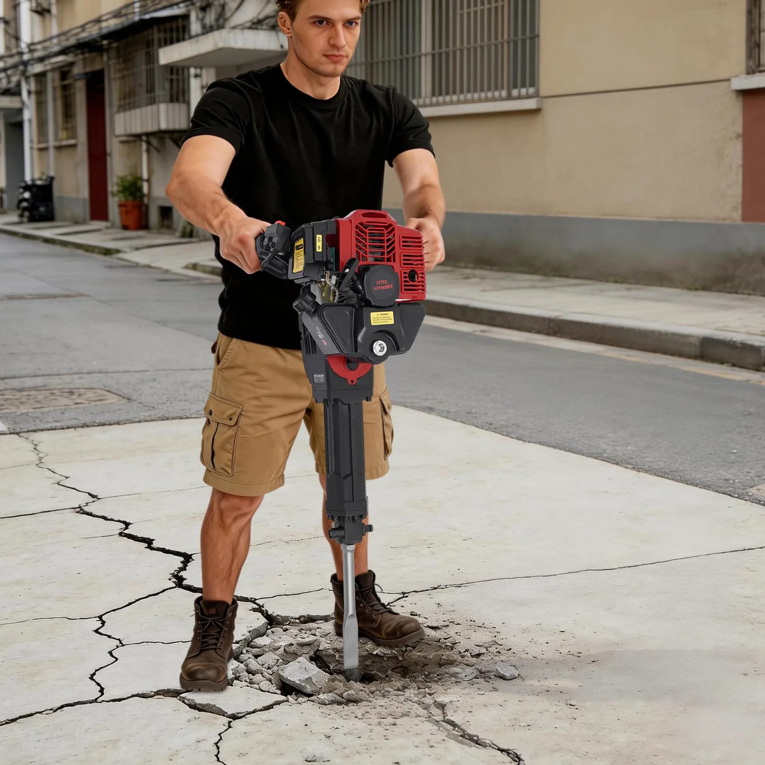 Martillo de demolición de gasolina de 52 CC, 1900 W, motor de 2 tiempos, fuerza de impacto de 55 J y 6500 rpm, martillo cincelador para cavar, embestido, incluye pala, cincel puntiagudo y