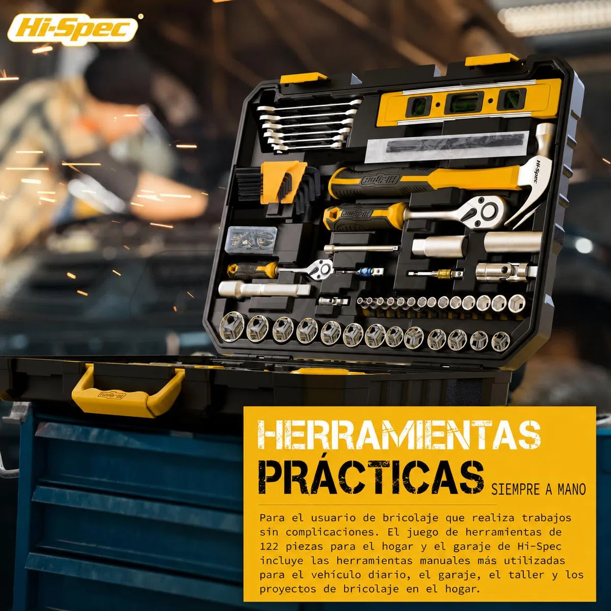 Hi-Spec Caja de Herramientas Mecánicas para Hogar y Coche para Bricolaje | 122 piezas, accesorios y maletín, para mantenimiento, bricolaje, cochera y reparaciones automotrices, uso diario