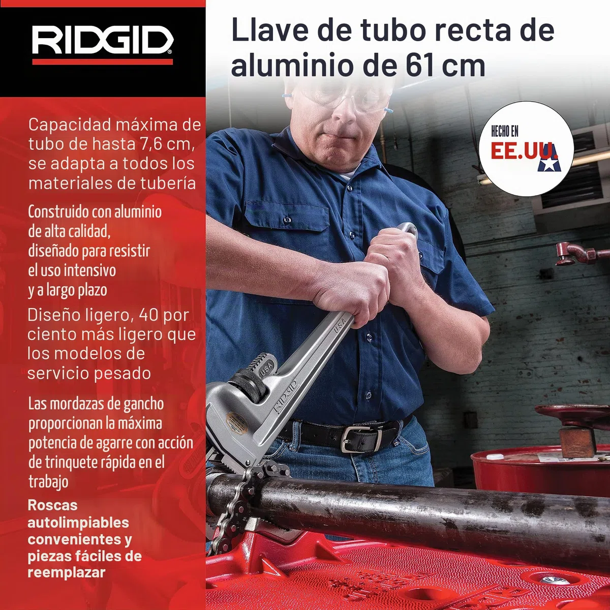 RIDGID 31105 Modelo 824 Llave recta de aluminio para tubo, Llave de fontanería de 24 pulgadas
