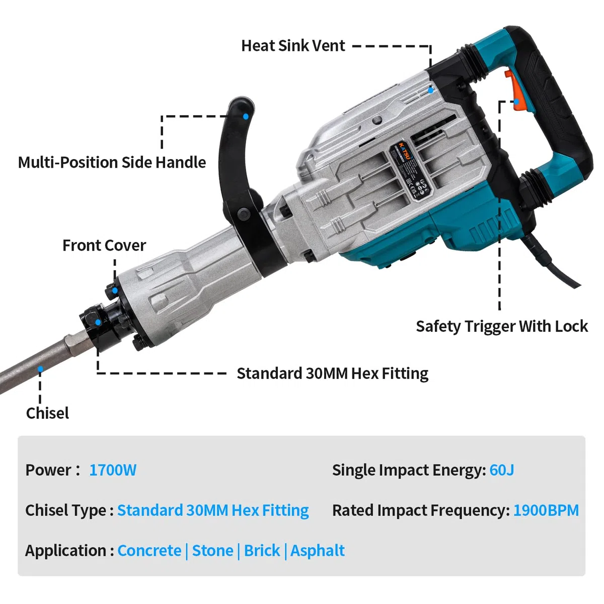 KATSU Tools Martillo Demoledor de 1700W, Fuerza de Impacto de 60J, 1900bpm, Antivibración, Mango Lateral Multiposición, Cinceles Puntero y Plano, Maletín de Transporte, Modelo 101107
