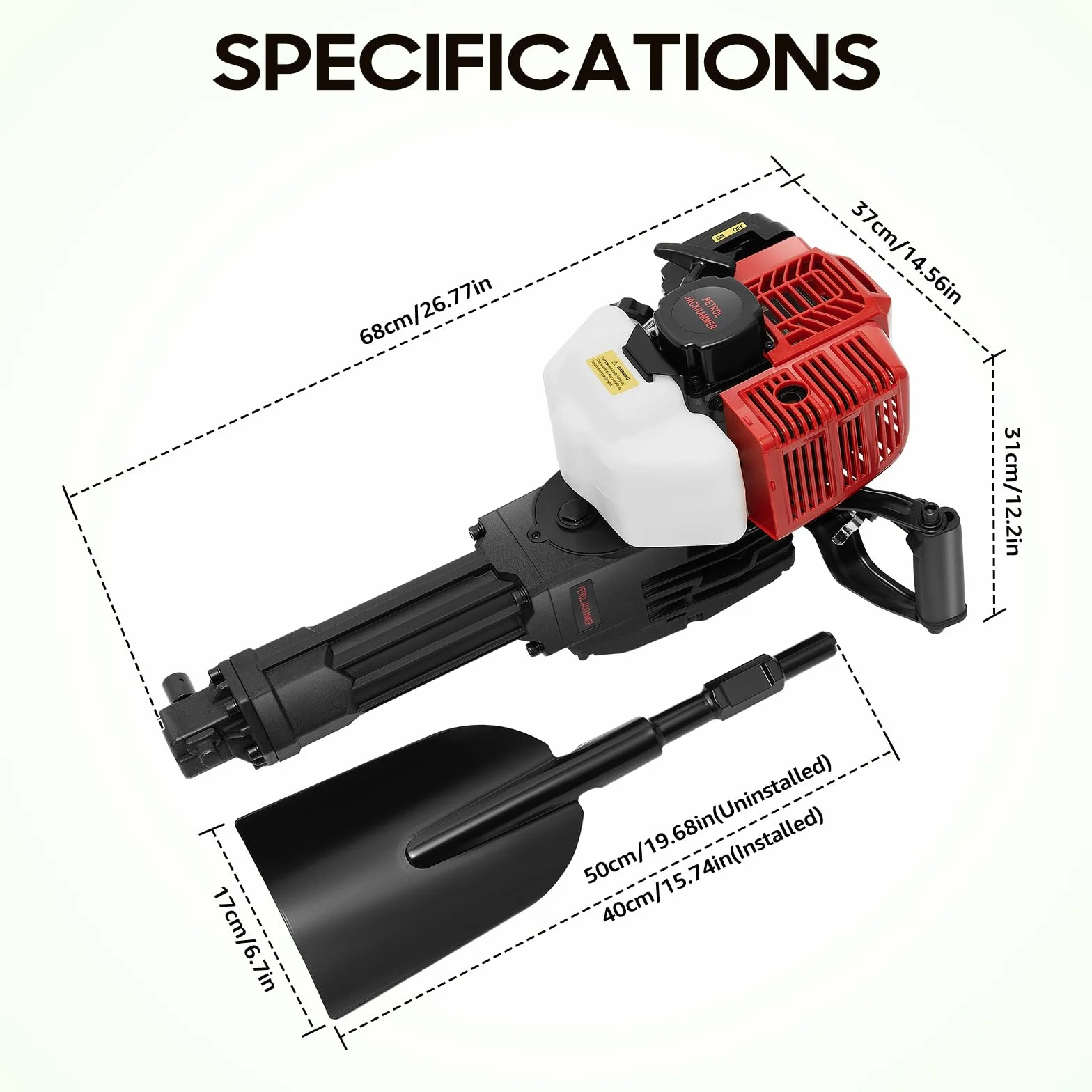 Martillo de demolición de gasolina, 52 CC, 1900 W, con 1500 pulsaciones/min, taladro portátil para horticultura y raíces de árboles, incluye juego de herramientas (negro/rojo)