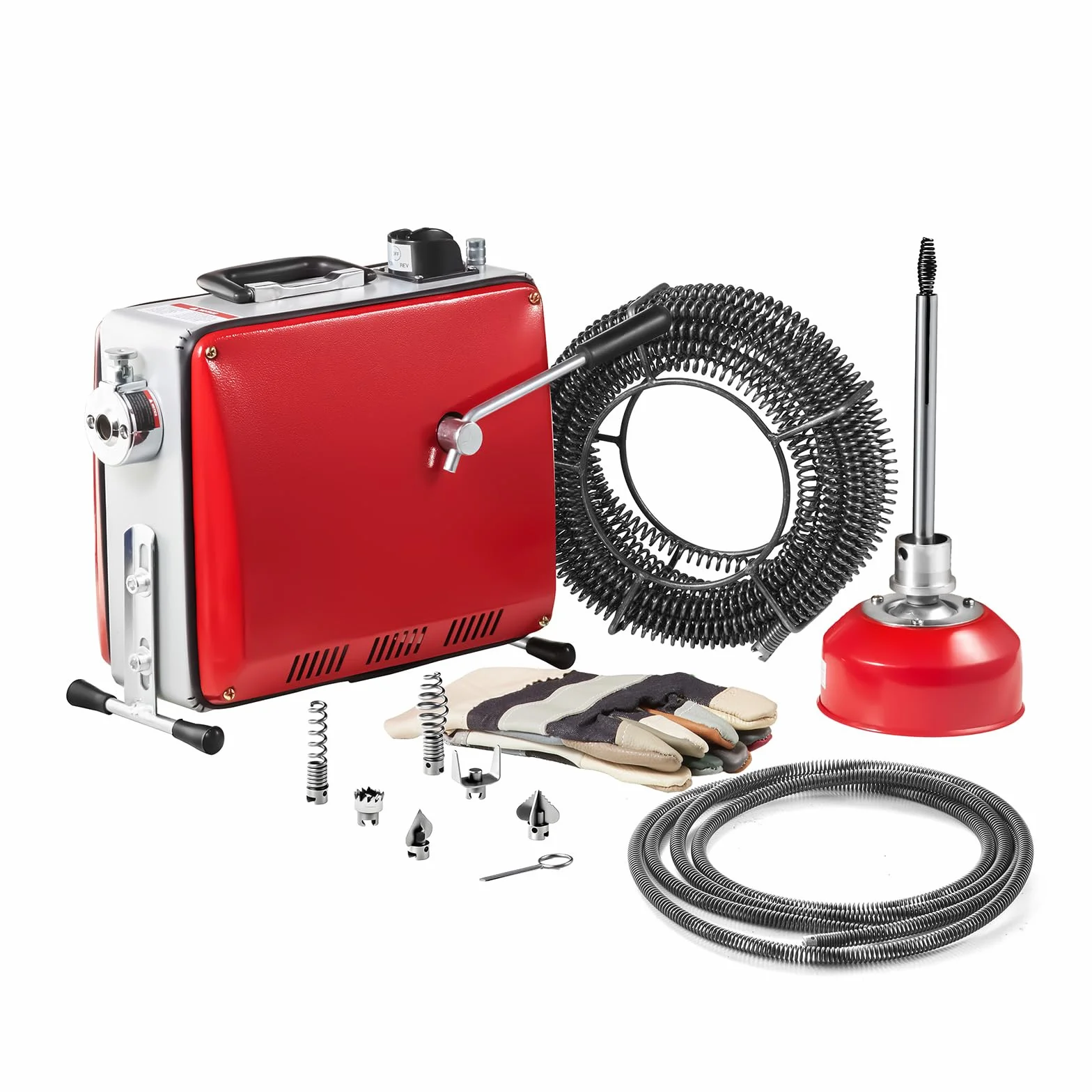 VEVOR Desatascador de Tuberías Eléctrico 390 W 1400 RPM con Cable de Resorte de 12 m x 16 mm, 4,5 m x 16 mm, 8 m x 9,5 mm y 6 Cabezales de Limpieza, Apto para Tuberías de 50 a 110 mm de Diámetro