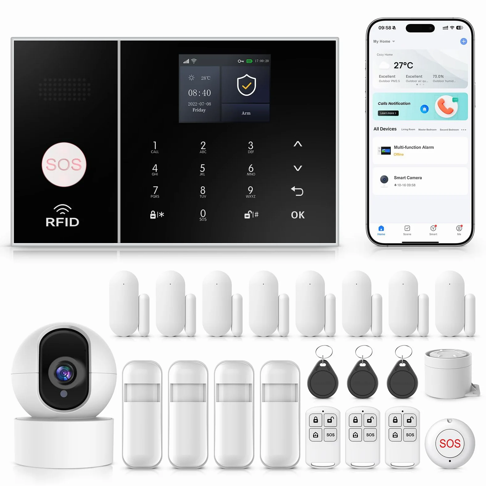 Sistema de Alarma de Seguridad para el hogar Inteligente, Alarma WiFi 4g,con cámara de Alta definición 2mp, Sensor de Movimiento pir,Control Remoto,Sensor de Puertas y Ventanas,Juego de 22 Piezas