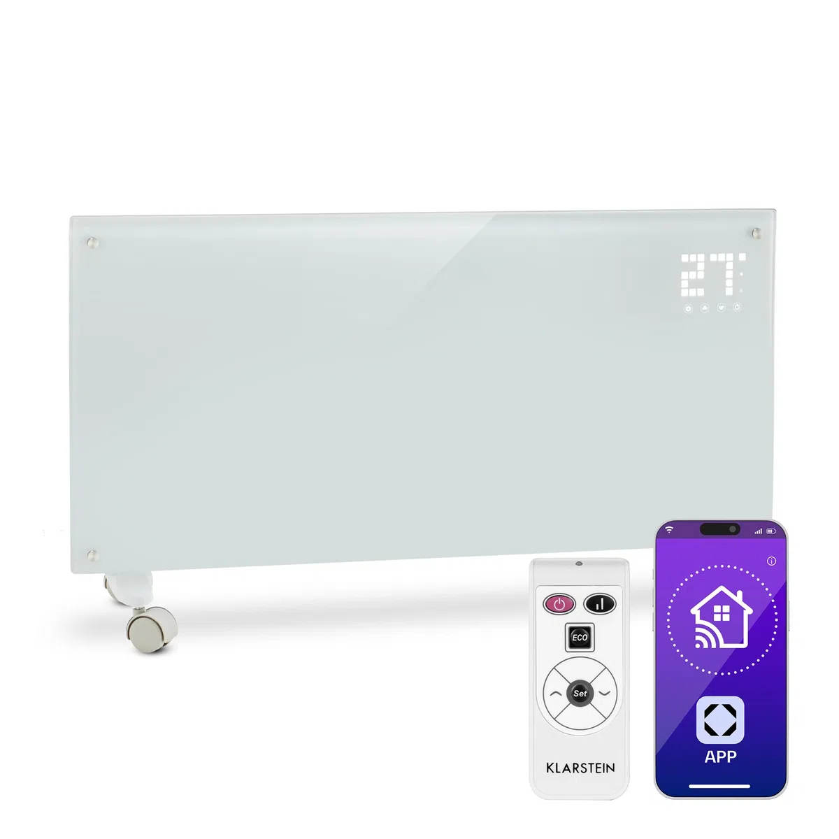 Klarstein Radiadores Bajo Consumo Electricos para Casa, Estufa Electrica de 2000W con Ruedas, Radiador Electrico Silencioso, Portátil y Delgado, Estufas con Panel para Pared, Pantalla y Termostato