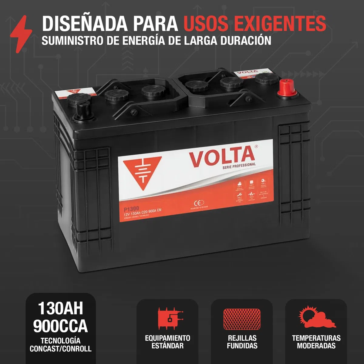Bateria de Camión Professional 130Ah 900A Volta P1300D - Borne +Dcha - Medidas Largo 345 x Ancho 175 x Alto 238 mm con 2 años de Garantía - Fabricación Europea.
