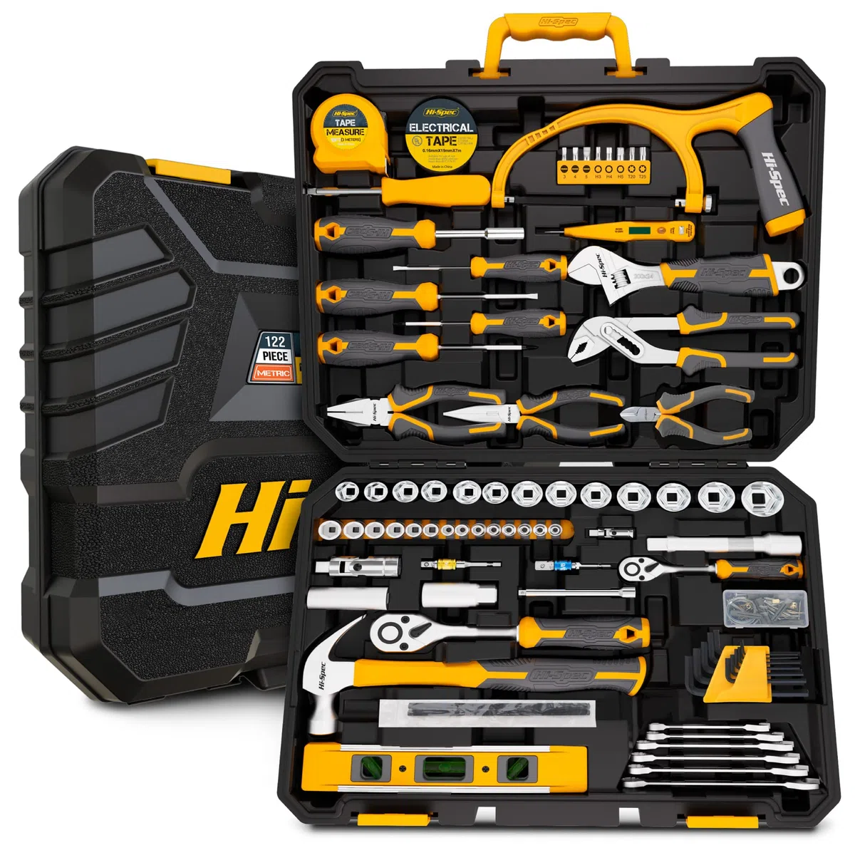 Hi-Spec Caja de Herramientas Mecánicas para Hogar y Coche para Bricolaje | 122 piezas, accesorios y maletín, para mantenimiento, bricolaje, cochera y reparaciones automotrices, uso diario