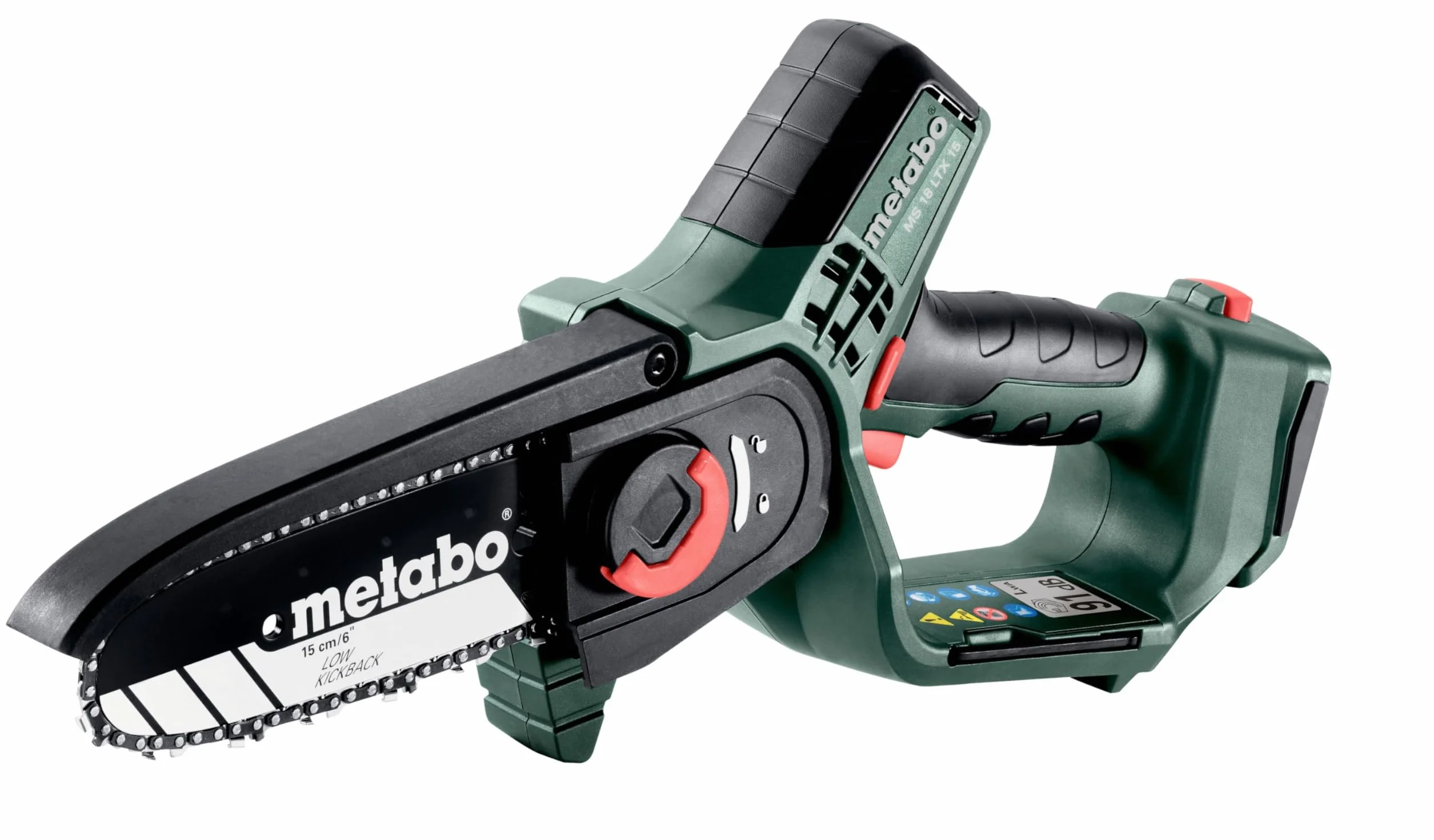 metabo MS 18 LTX 15 Sierra de Poda a Batería, 18V Motosierra Compacta | Mini sierra de cadena ligera, 5 m/s, longitud de corte 15 cm, sin batería ni cargador, compatible con sistema CAS