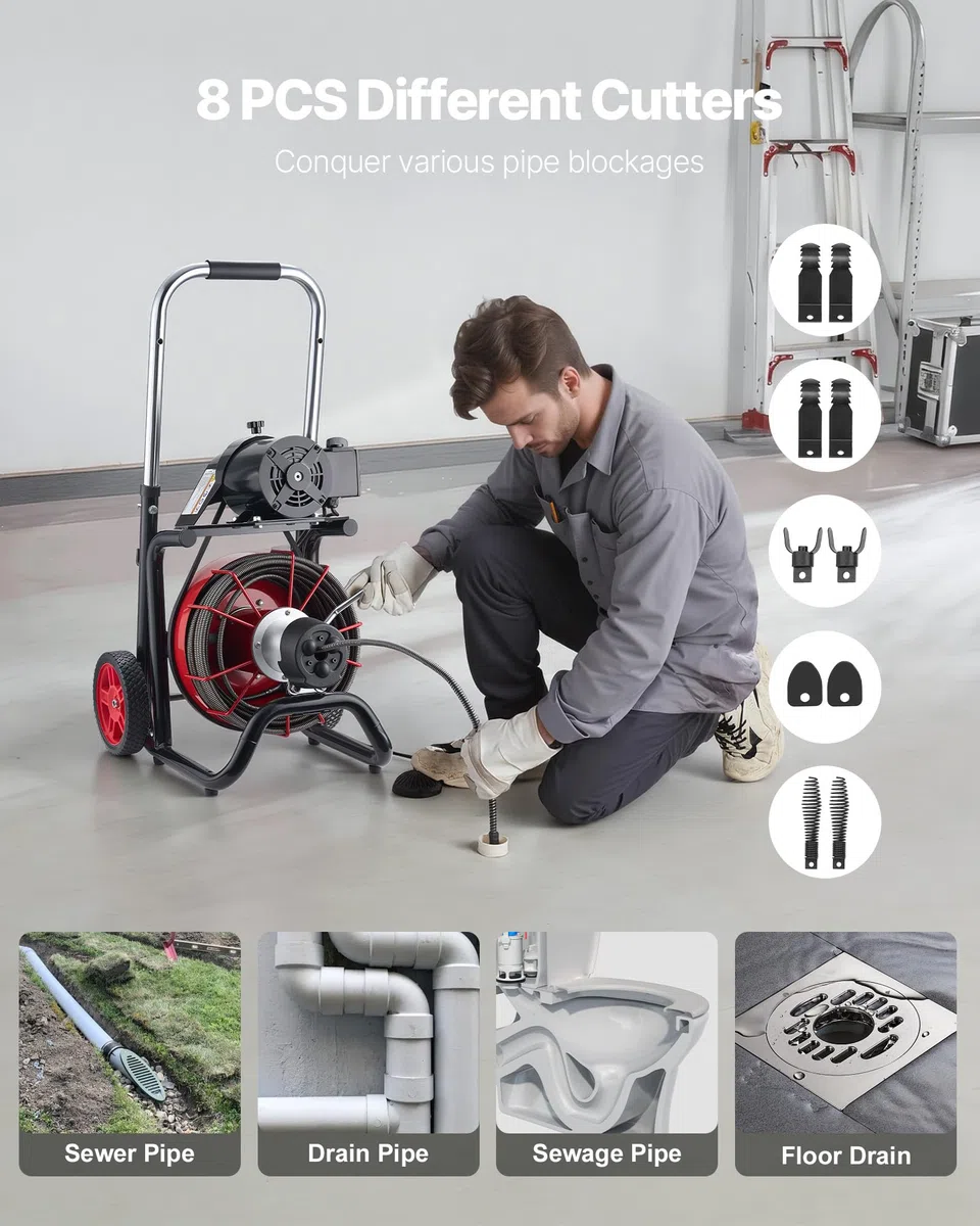 VEVOR Desatascador de Desagües Eléctrico 30m x 13mm Máquina de Limpieza de Tuberías con Alimentación Automática Interruptor de Pedal Neumático Limpiador de Tubos de Drenaje para Tuberías de 5-10 cm