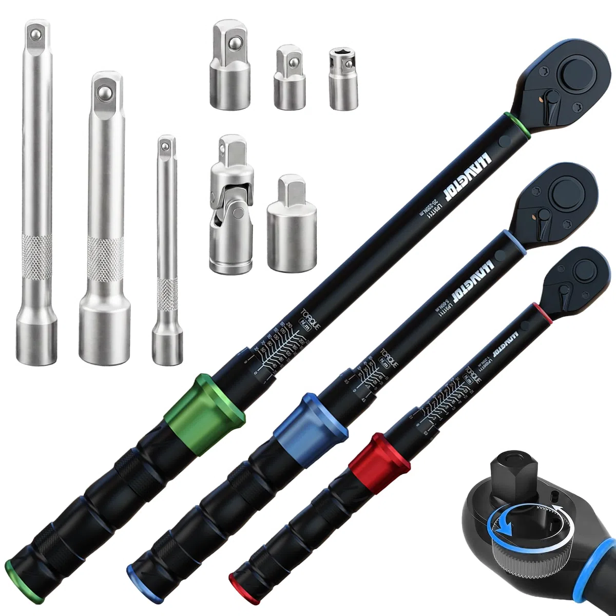 Juego de Llaves Dinamométricas 11 Piezas, Precisión ±3%, 1/2" 3/8" 1/4", Carraca Reversible 72 Dientes, Certificado de Calibración y Estuche Rígido para Auto, Moto, Bicicleta
