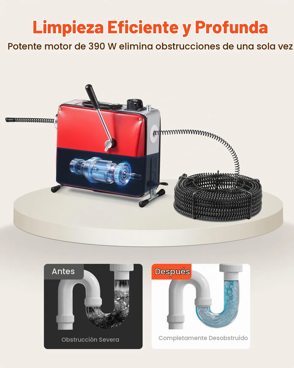 VEVOR Desatascador de Tuberías Eléctrico 390 W 1400 RPM con Cable de Resorte de 12 m x 16 mm, 4,5 m x 16 mm, 8 m x 9,5 mm y 6 Cabezales de Limpieza, Apto para Tuberías de 50 a 110 mm de Diámetro