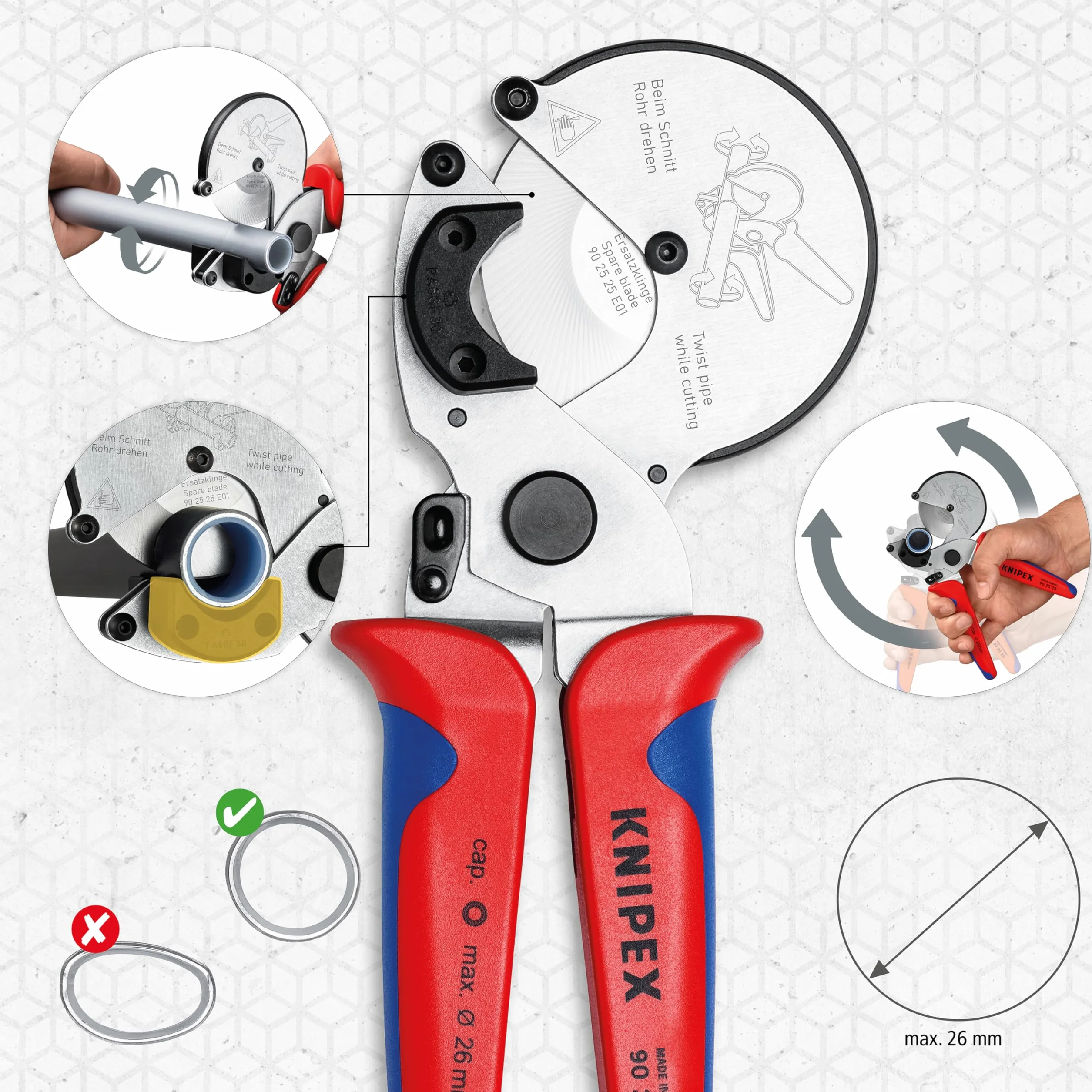 KNIPEX Cortatubos para tubos multicapa y de plástico cromado con mangos multicomponente 210 mm, 90 25 25