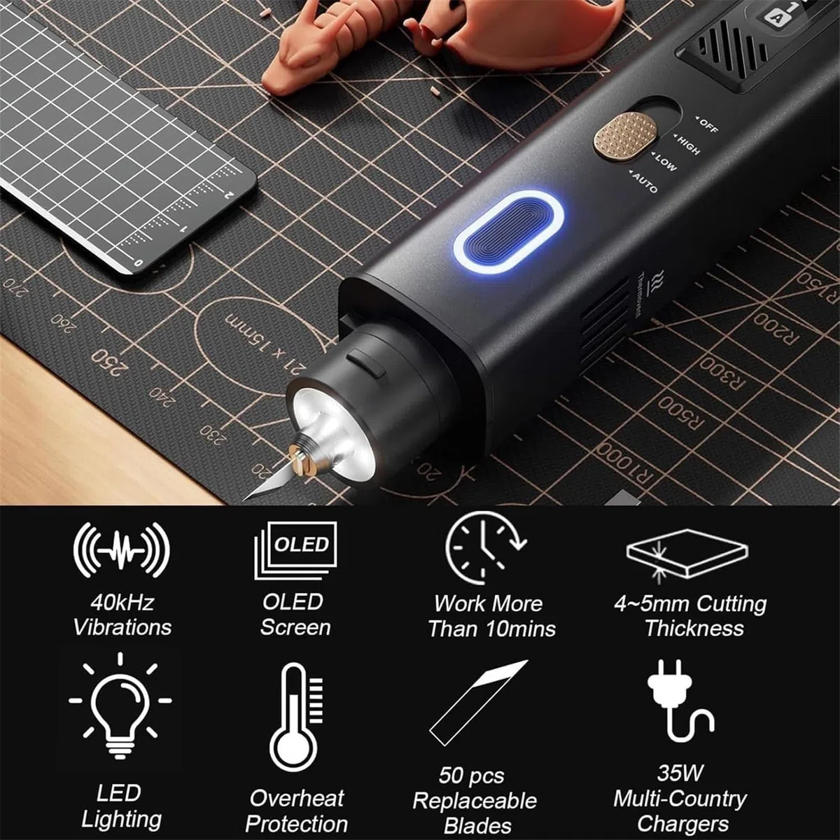 Kit de Herramientas de Corte ultrasónico Profesional de 40 KHz para Manualidades: cúter de Mano con 50 Cuchillas de Repuesto, diseño ultrasilencioso, Ideal para Impresiones 3D, PVC y Cuero.