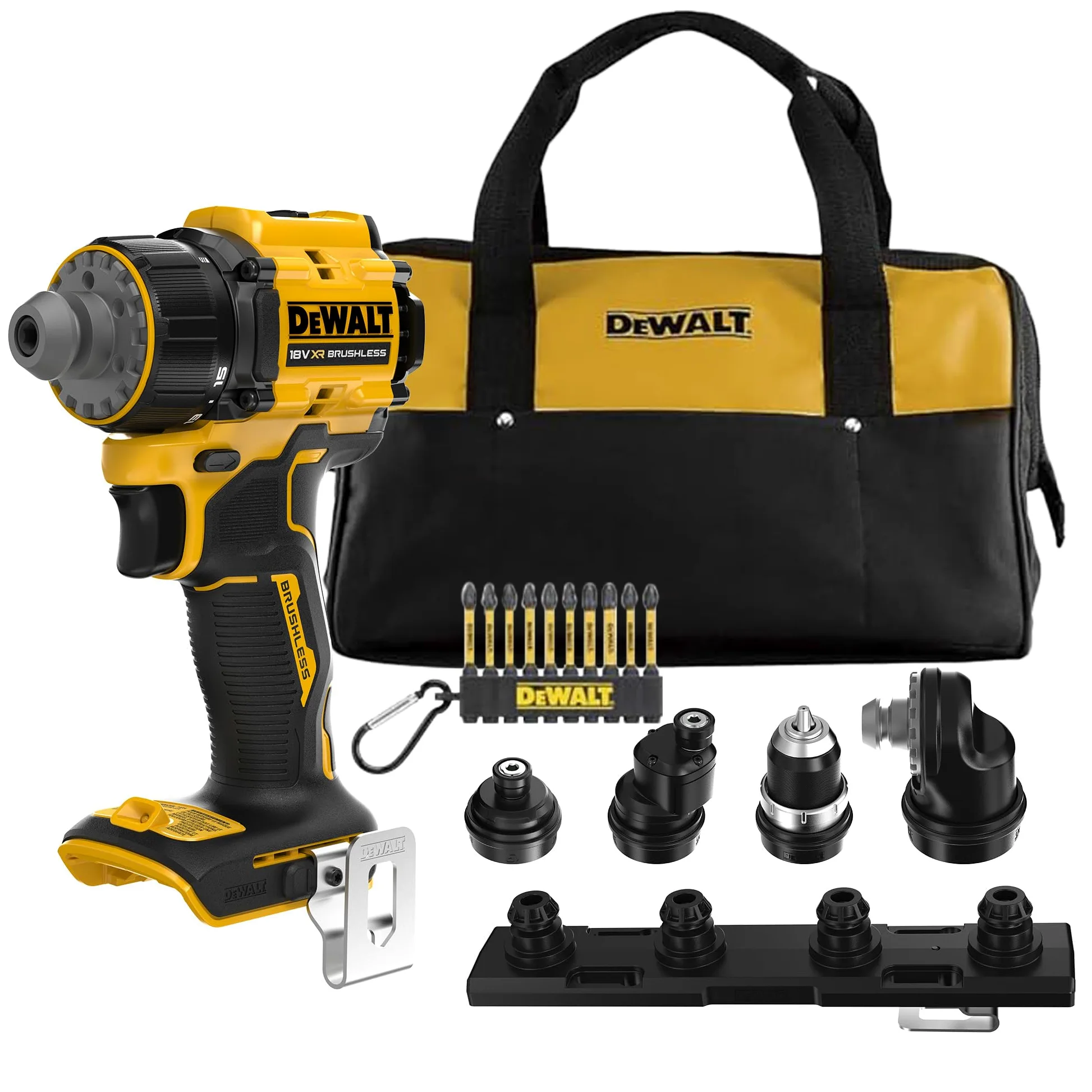 DEWALT Taladro atornillador 18V XR con 4cabezales intercambiables, bolsa de transporte blanda y juego de 10 llaves de atornillar FLEXTORQ de 57 mm (PH y PZ) con llavero, solo herramienta, DCD803KN-XJ