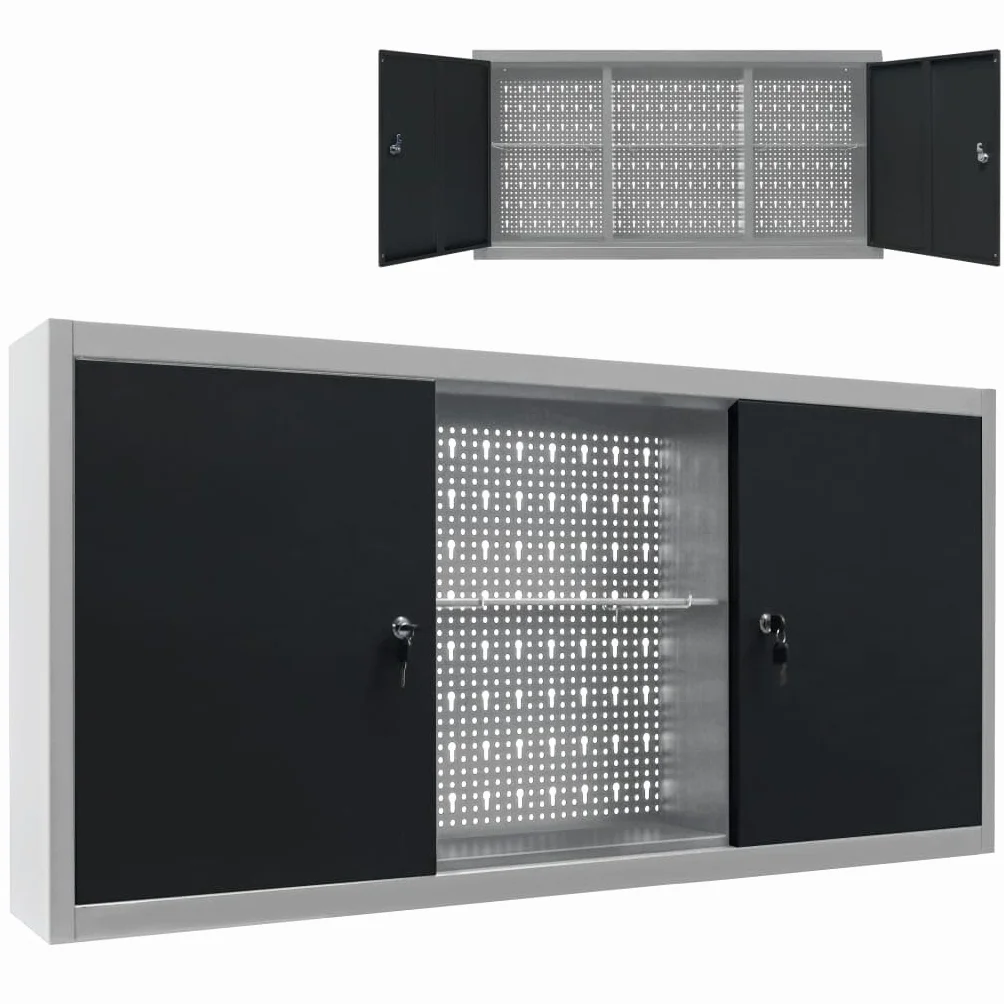 vidaXL Armario Herramientas Pared Industrial Metal Organización Almacenamiento Accesorios Mobiliario Estilo Atractivo Industrial Funcional Gris/Negro