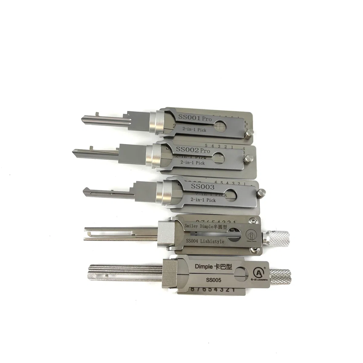 Juego de herramientas profesionales de ganzúas 2 en 1, kit de 5 piezas modelos SS001 SS002 SS003 SS004 SS005, para abrir múltiples tipos de cerraduras de puerta para cerrajero, entusiasta