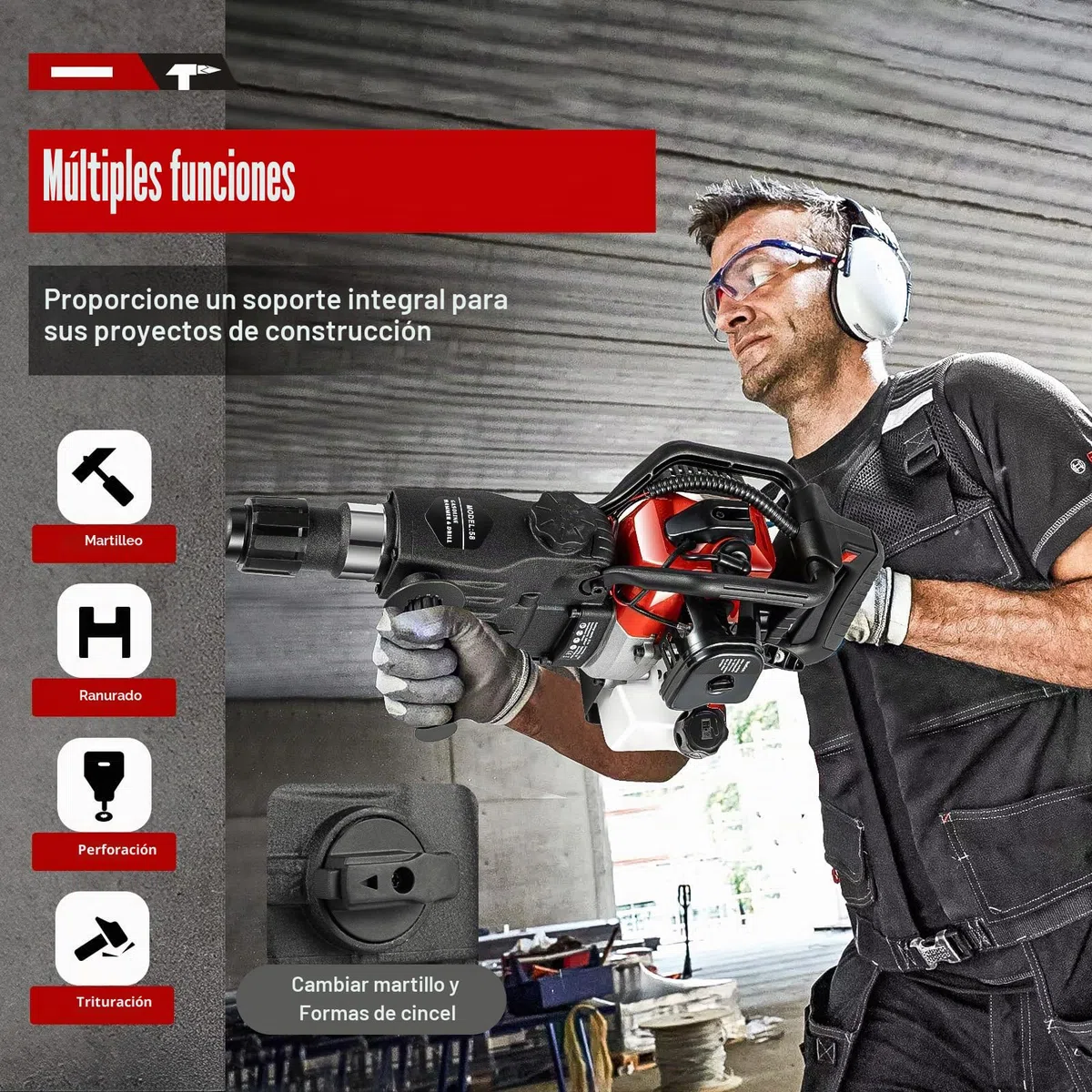 Martillo de demolición de gasolina, 33 CC, 2 tiempos, con 3 brocas y depósito de combustible, martillo cincelador moderno de 30 J, martillo perforador de 1000 W, martillo triturador de hormigón