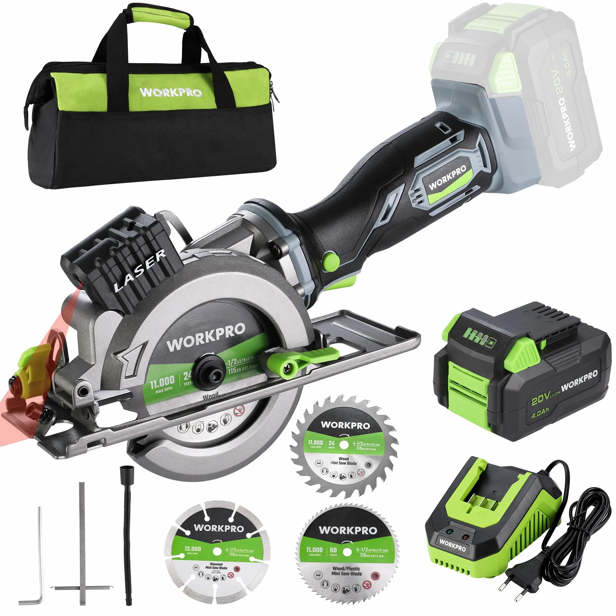 WORKPRO Mini Sierra Circular 20V 4.0Ah, 3500RPM Ø115mm | Incluye Cargador y Bolsa con 3 Discos para Cortar Madera, Metal, PVC, Plástico y Azulejos