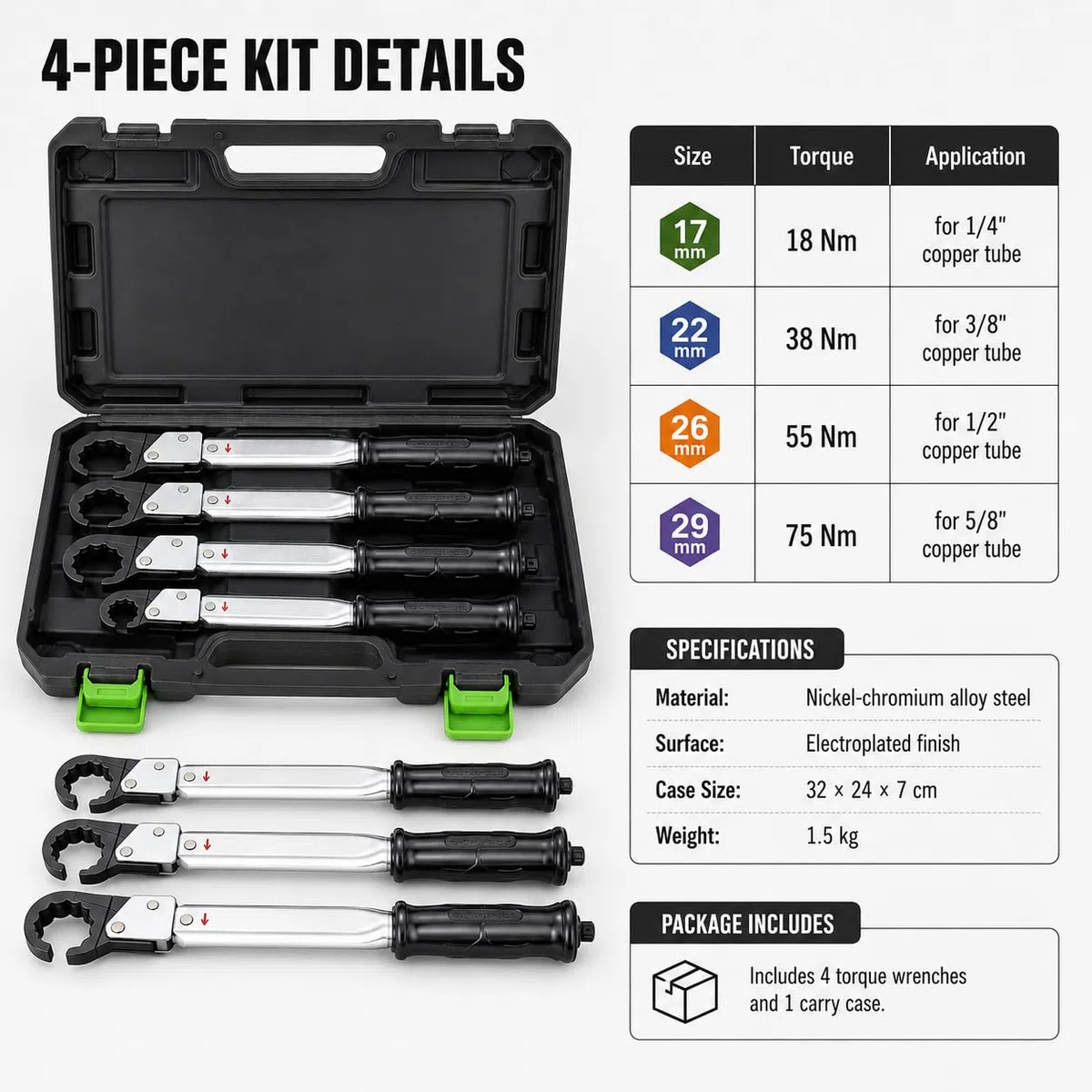 Kit de llave dinamométrica de trinquete, llave de boca de campana con tapa de cobre ajustable de 18-75 Nm para aire acondicionado de refrigeración HVAC de tubo de cobre de 1/4", 3/8", 1/2", 5/8"
