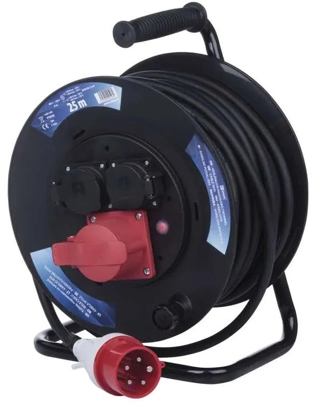 EMOS - Carrete de Cable CEE de 25m - 3 Tomas (1 CEE, 2 Schuko) - Resistente al Agua - 230 V/400 V, 13 A, 3000 W/5000 W - Aislamiento de Goma - H07RN-F 1,5 mm2 - IP44 para Exteriores y Camping