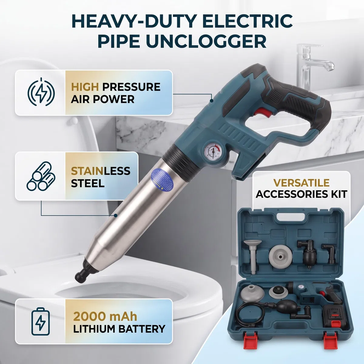 Desatascador de Inodoro Eléctrico, Alta Presión, con Batería de Litio, para Inodoro, Lavabo y Bañera