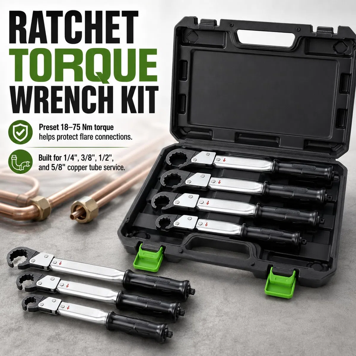 Kit de llave dinamométrica de trinquete, llave de boca de campana con tapa de cobre ajustable de 18-75 Nm para aire acondicionado de refrigeración HVAC de tubo de cobre de 1/4", 3/8", 1/2", 5/8"