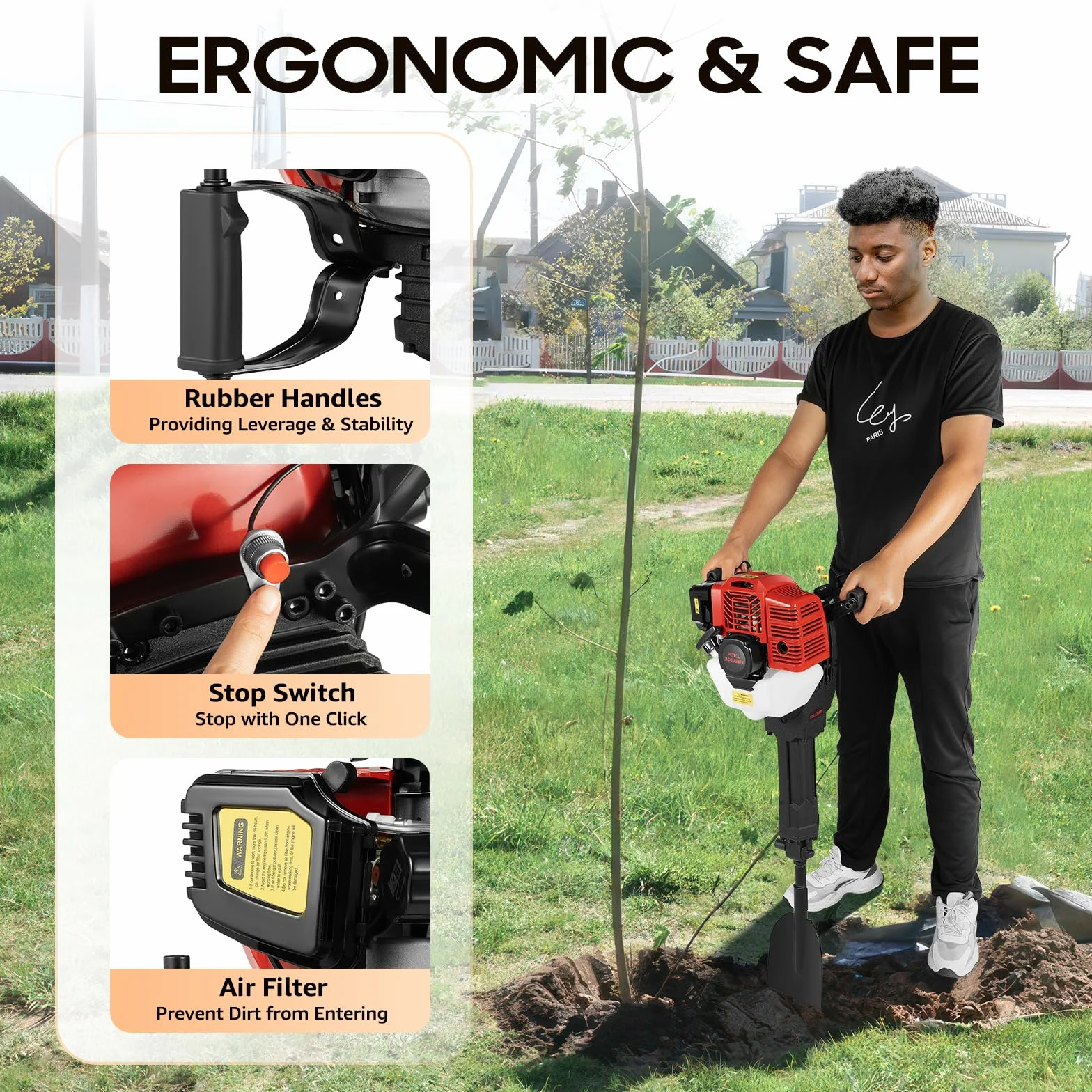 Martillo de demolición de gasolina, 52 CC, 1900 W, con 1500 pulsaciones/min, taladro portátil para horticultura y raíces de árboles, incluye juego de herramientas (negro/rojo)