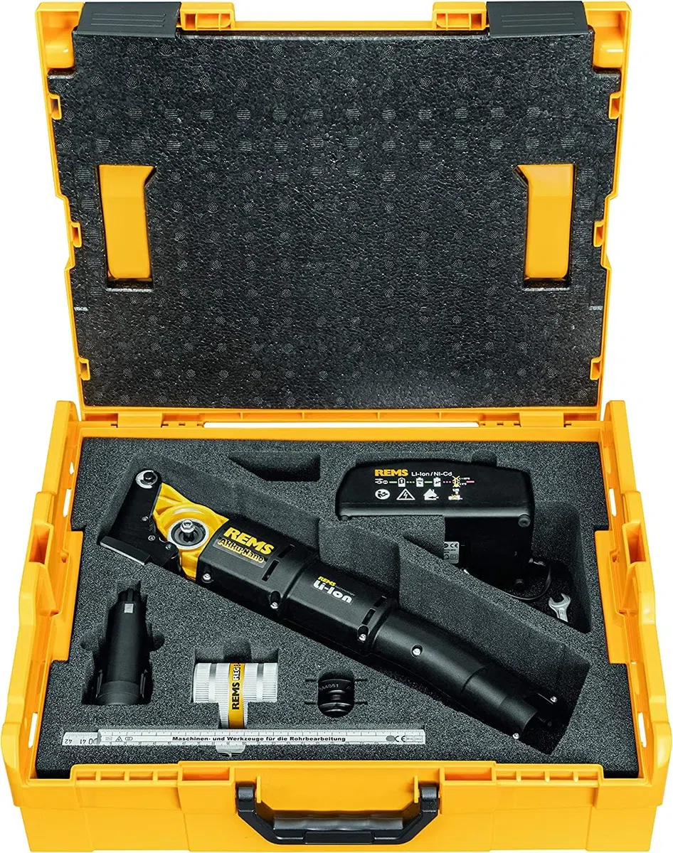 Rems Cortatubos Nano 844X01 R220 (cortador de tubos, batería de ion de litio de 10,8 V, 1,3 Ah, cargador rápido, rodillos de contrapresión, llave inglesa, bolsa de transporte)
