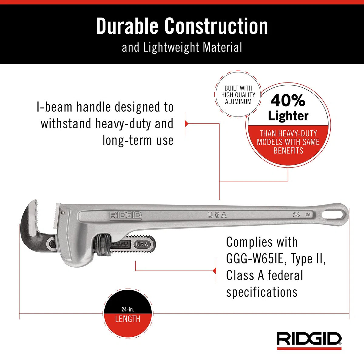 RIDGID 31105 Modelo 824 Llave recta de aluminio para tubo, Llave de fontanería de 24 pulgadas